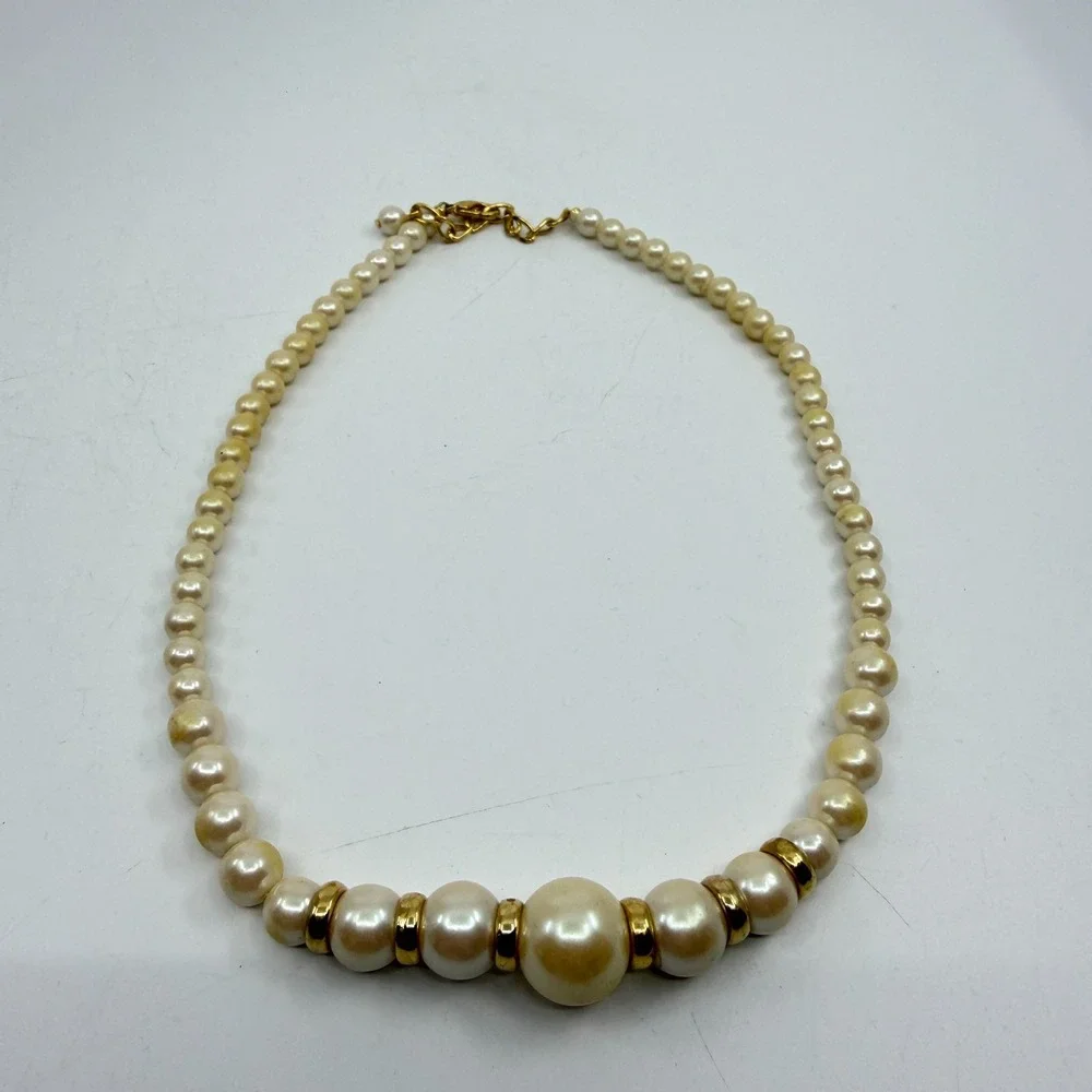 Classic Cream Faux Pearl Necklace with Gold-Tone Accents Statement Jewelry